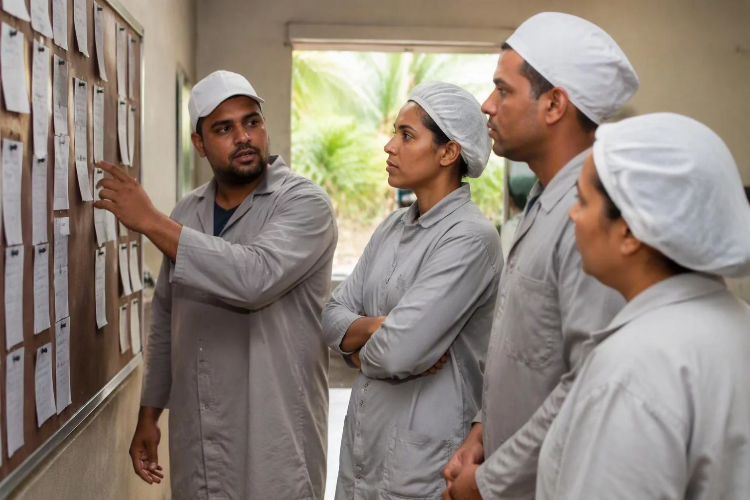 Equipe de produção reunida junto ao quadro de ordens do dia