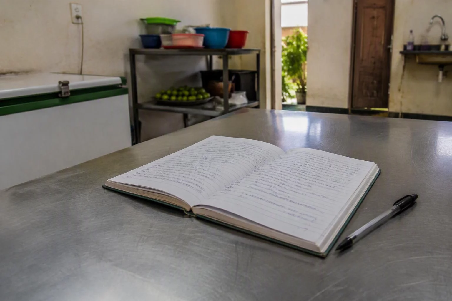Caderno de anotações aberto sobre a bancada de preparo