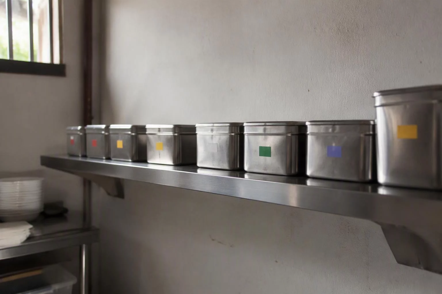 Prateleira de inox com caixas de insumo identificadas por lote